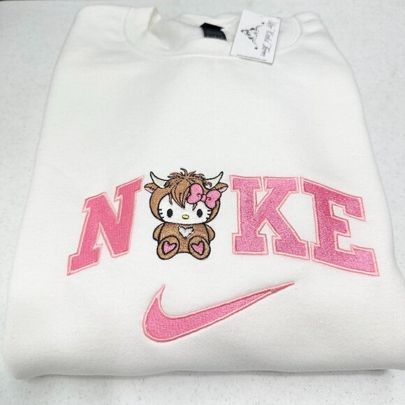 Nike Hello Kitty Highland Cow Embroidered Adult Unisex Crewneck Sweatshirt - Picture 1 of 12